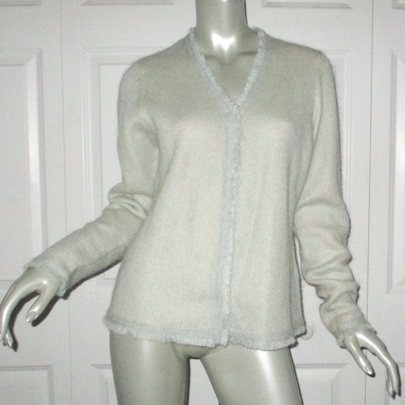 WHITE + WARREN Light Green Mohair Blend Sweater Frayed Details Large - Picture 1 of 8